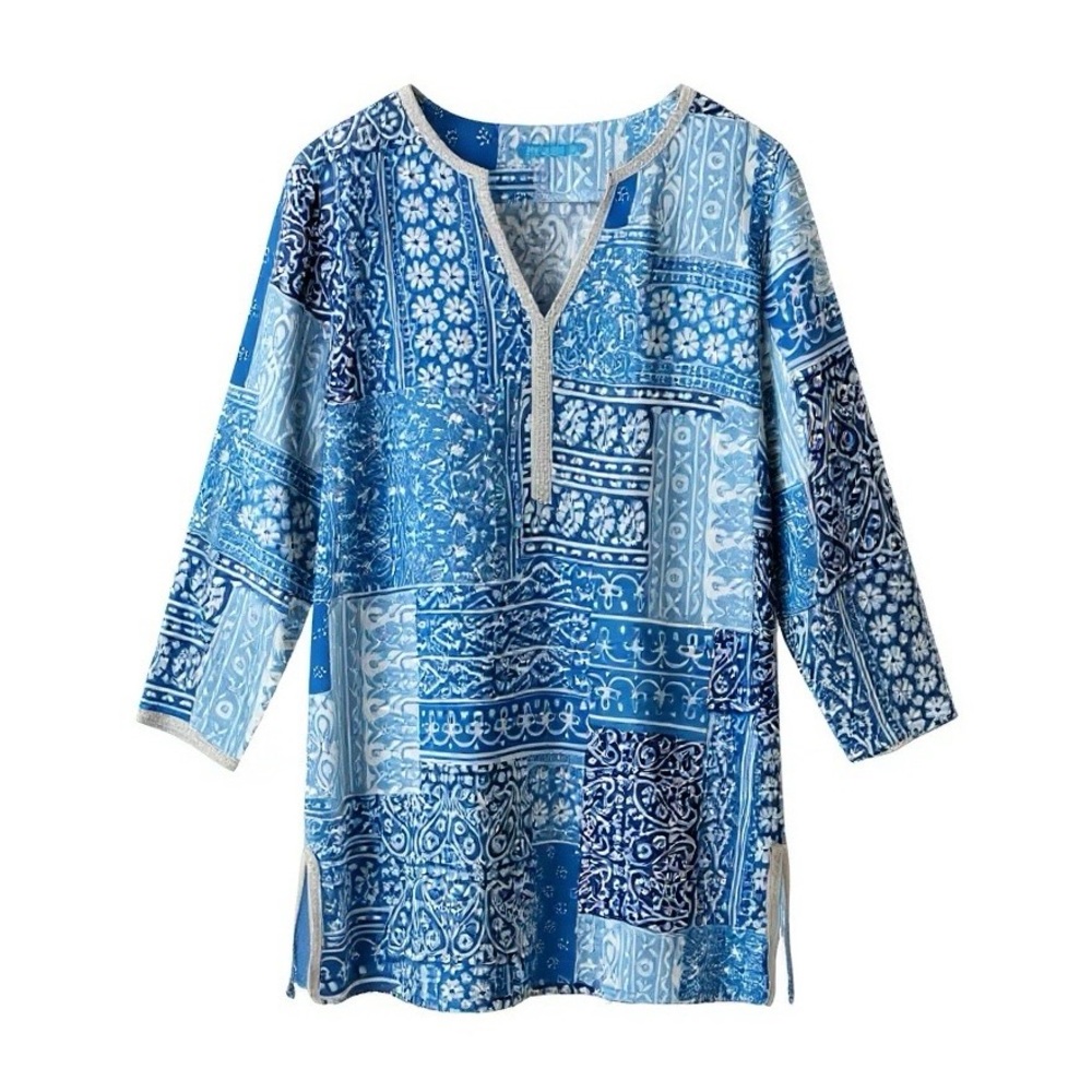 J. Mclaughlin Blue Patchwork Mixed Print Tunic To… - image 1